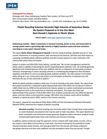 Press release for Plastic Waste Management Hazards report